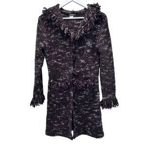 KOPA‎ Women's Cardigan Sweater S 65% Mohair Hooded Fringe Textured Button Front